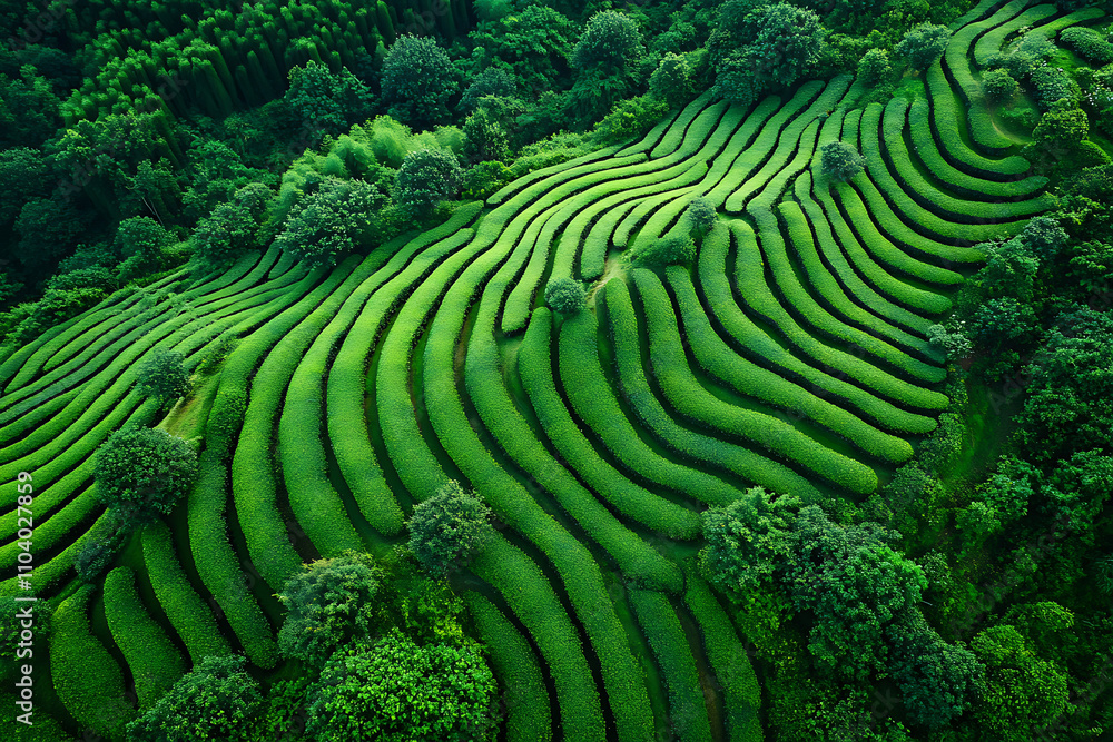 Poster aerial view of lush, green terraced fields with winding patterns.