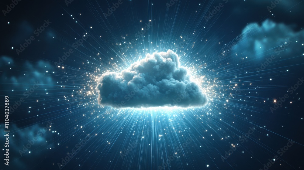 Poster a whimsical cloud drawing with beams of light emanating outward, featuring a blank area for custom m