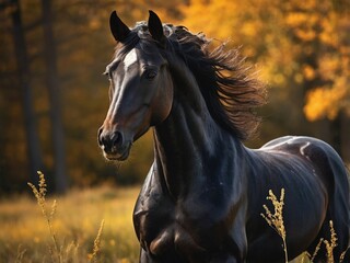 Fototapeta premium A strong black horse poses gracefully in a meadow surrounded by vibrant autumn foliage