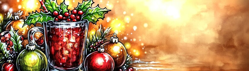 A festive illustration featuring a glass of holiday drink surrounded by ornaments and greenery.