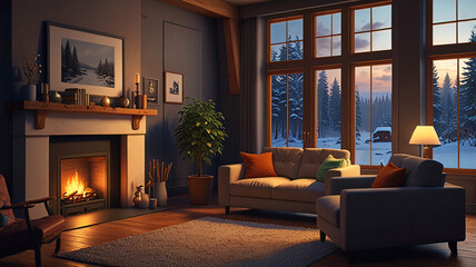 Fototapeta premium charming home interior in a living room in a lo-fi style, where they peacefully relax and listen to music, Christmas attributes,