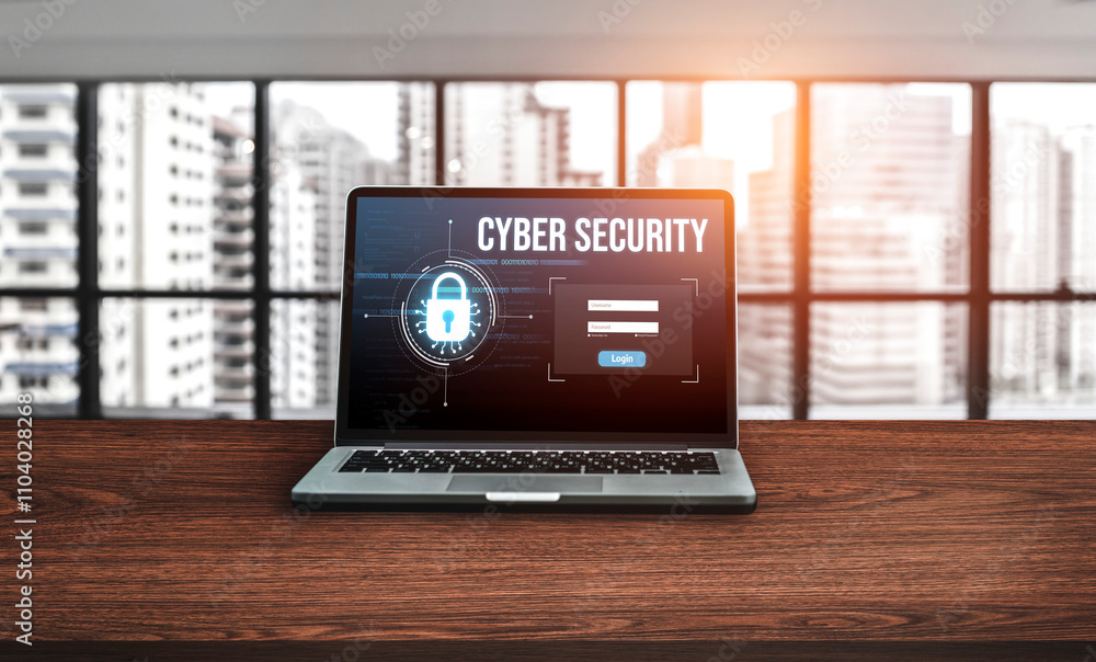 Poster cyber security system on computer screen protect private information snugly from hacker and cyber at