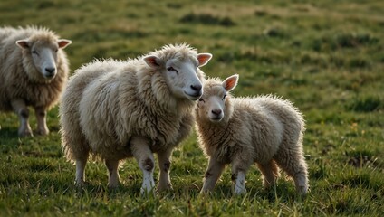 Fototapeta premium A group of fluffy white sheep grazing on green grass.