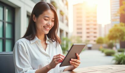 Fototapeta premium A happy Asian woman is typing on a tablet outside