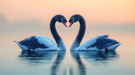 Fototapeta premium Two swans forming a heart shape on calm water at sunrise.