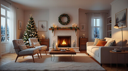 Fototapeta premium charming home interior in a living room in a lo-fi style, where they peacefully relax and listen to music, Christmas attributes,