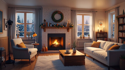 charming home interior in a living room in a lo-fi style, where they peacefully relax and listen to music, Christmas attributes,