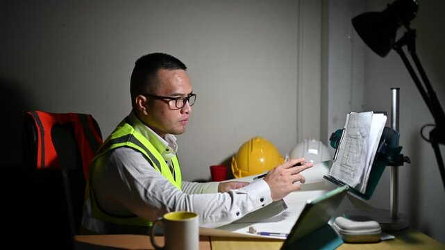 A structural engineer checking his phone while trying to complete a building structure design at night, stressed and exhausted.