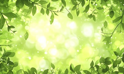 Fototapeta premium Lush green leaves frame a bright, bokeh-filled, sunlight-drenched background.