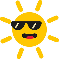 Smiling cartoon sun with black sunglasses, red tongue out, and yellow rays radiating outward.
