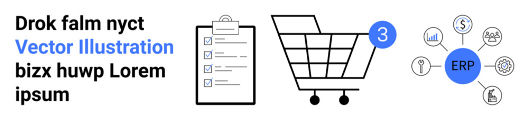 Business document checklist on clipboard, shopping cart with notification, ERP network diagram. Ideal for business management, e-commerce, ERP systems, task management, inventory, shopping