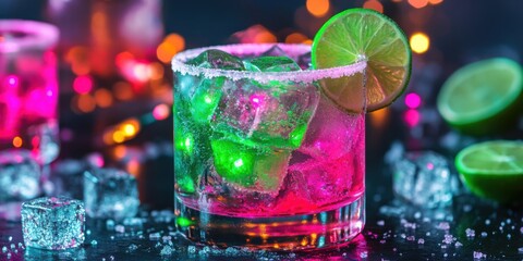 A neon pink and green Christmas margarita with glowing ice cubes and sugared lime garnish,