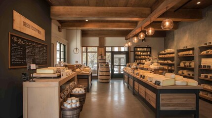 Cheese displaying on rustic wooden shelves in gourmet shop