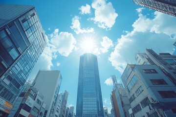 Obraz premium Upward View Sunny Cityscape & Commercial Building Heights