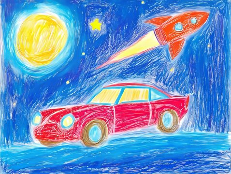 A drawing of a red car with a rocket flying over it