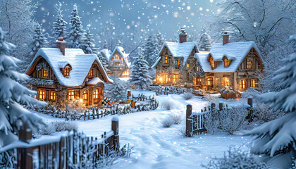 Fototapeta premium white fairy-tale micro-village, Christmas attributes, soft white snow and forest