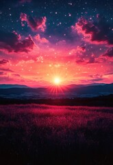 Naklejka premium A vibrant sunset over a field, with colorful clouds and a starry sky.