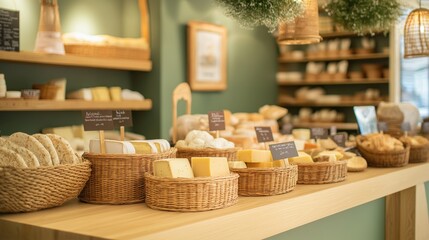 Fototapeta premium Various cheeses and bread displayed on wooden counter in charming shop