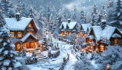 white fairy-tale micro-village, Christmas attributes, soft white snow and forest