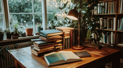 Books piled on a wooden table, bathed in warm light from a nearby lamp, creating a tranquil study atmosphere.