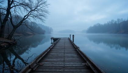 Fototapeta premium Idyllic view of the wooden pier in the lake with mountain scenery background. Alps in the early morning.