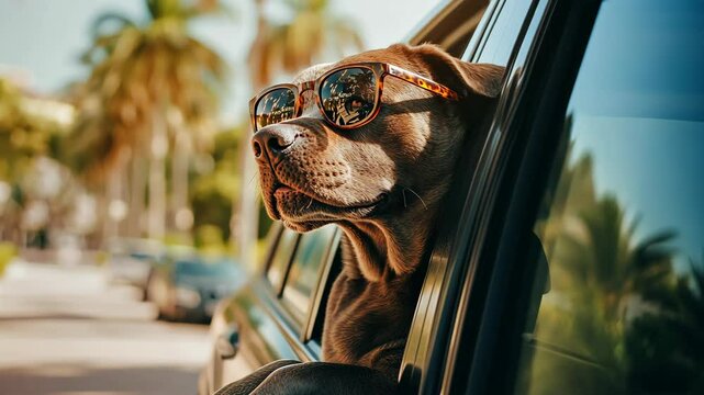 Labrador dog wearing sunglasses enjoying road trip from car window concept of summer traveling by car