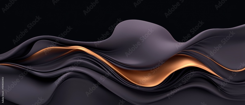 Poster abstract digital art piece with a dark background. it features a wave-like pattern of black and oran
