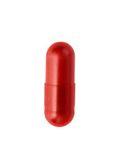 Single red capsule pill isolated on transparent background. Capsule is ideal for pharmaceutical or medical themes about ferritin anemia. Capsule is perfect for use in advertisements design.