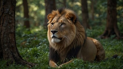 Fototapeta premium A lion in a forest setting.