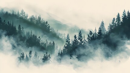 Misty Mountain Forest Scene With Evergreen Trees