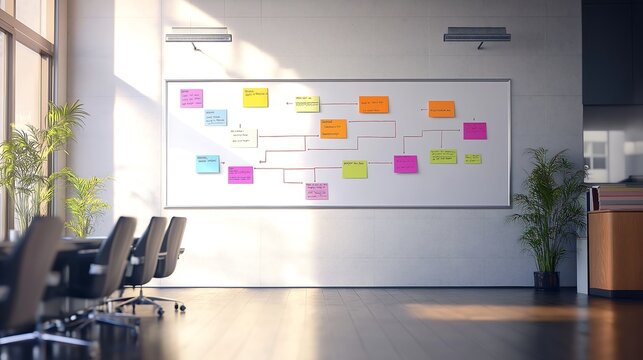 Business plan flowchart on a whiteboard in a conference room, collaborative planning session.