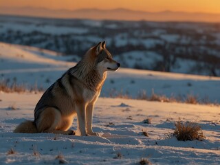 Fototapeta premium A lone wolf on a snowy hill at sunset.