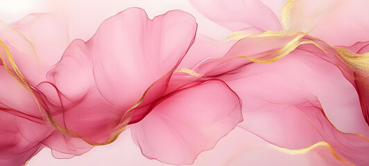 Abstract marble marbled stone ink liquid fluid painted painting texture luxury background banner - Pink petals, blossom flower swirls gold painted lines