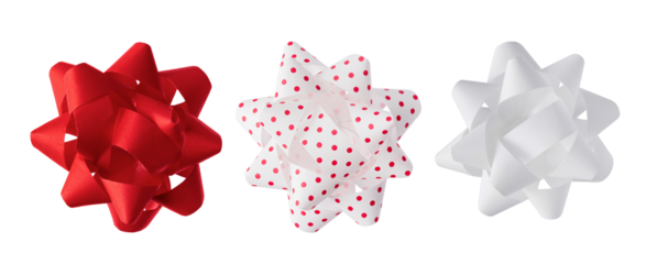 Collection of tied fluffy bows for wrapping gifts isolated on transparent background. Set of paper tired bow ribbon as design elements for wrapping present. Colourful gift bows for design.