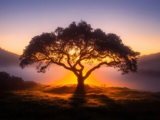 A majestic tree silhouetted against a vibrant sunset, casting a long shadow over a misty landscape, creating a serene and picturesque scene.