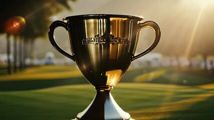 This prestigious trophy gleams on the golf course as the sun sets, symbolizing achievement.