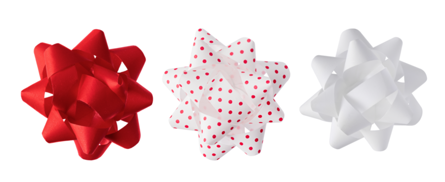 Collection of tied fluffy bows for wrapping gifts isolated on transparent background. Set of paper tired bow ribbon as design elements for wrapping present. Colourful gift bows for design.