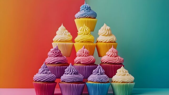 A stack of colorful cupcakes with frosting on top