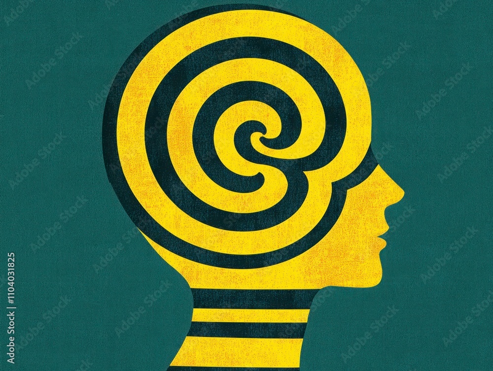 Poster abstract illustration of a human profile with spiraling patterns in yellow on a green background rep