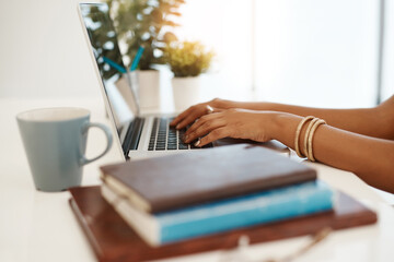 Coffee, writer or hands of woman on laptop in office for research, editing and creative media...