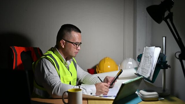 A structural engineer checking his phone while trying to complete a building structure design at night, stressed and exhausted.