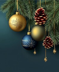 Brightly colored Christmas balls and rustic pine cones dangle gracefully from a lush fir tree branch, embodying the spirit of the festive season.