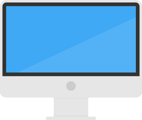 Flat-screen computer monitor with blue screen, gray frame, and circular button below the screen.
