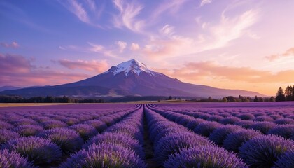 Picturesque colorful floral atmosphere. Beautiful panoramic view blooming scenic at sunset. Sunset violet lavender flower field. Summer nature amazing landscape