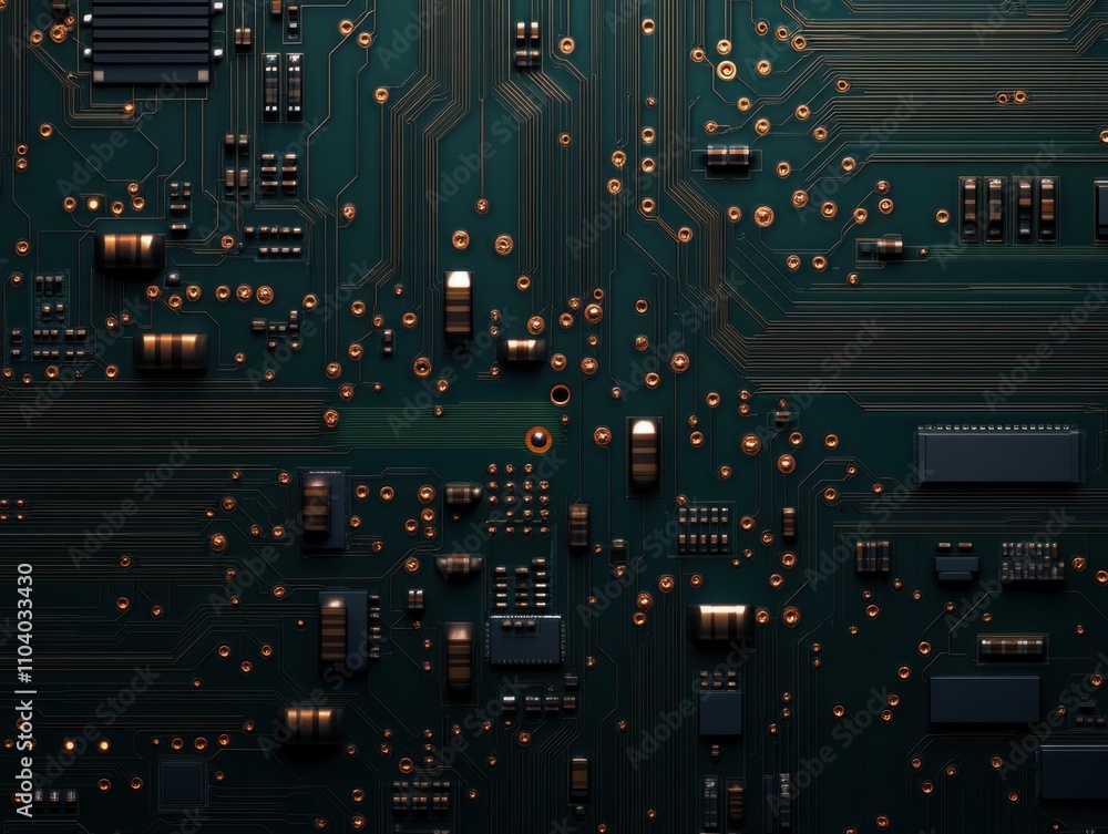 Poster close-up view of an intricate circuit board with detailed textures and golden connections, perfect f