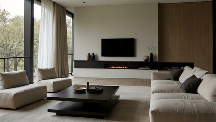 A minimalist living room with modern furniture and neutral accents.