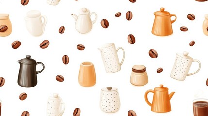 Decorative coffee pots and beans, seamless pattern, hand-drawn style, rich earthy tones, rustic and elegant