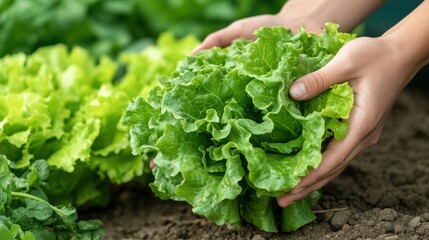 Hands offering fresh lettuce on a wooden table, with vegetables and herbs subtly blurred in the background.