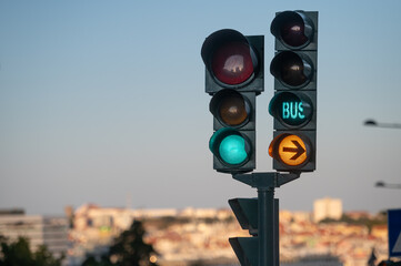 Traffic lights displaying signals for vehicles and buses in an urban area during daytime