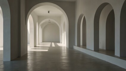 A minimalist white hallway with arches, softly lit by daylight.
